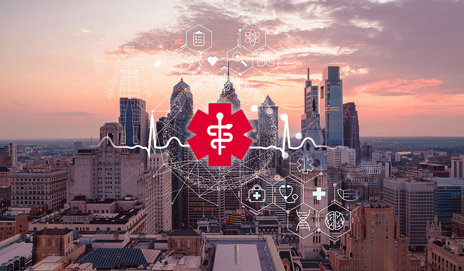 Photo of a city overlaid with medical icons and the Weatherby Healthcare logo