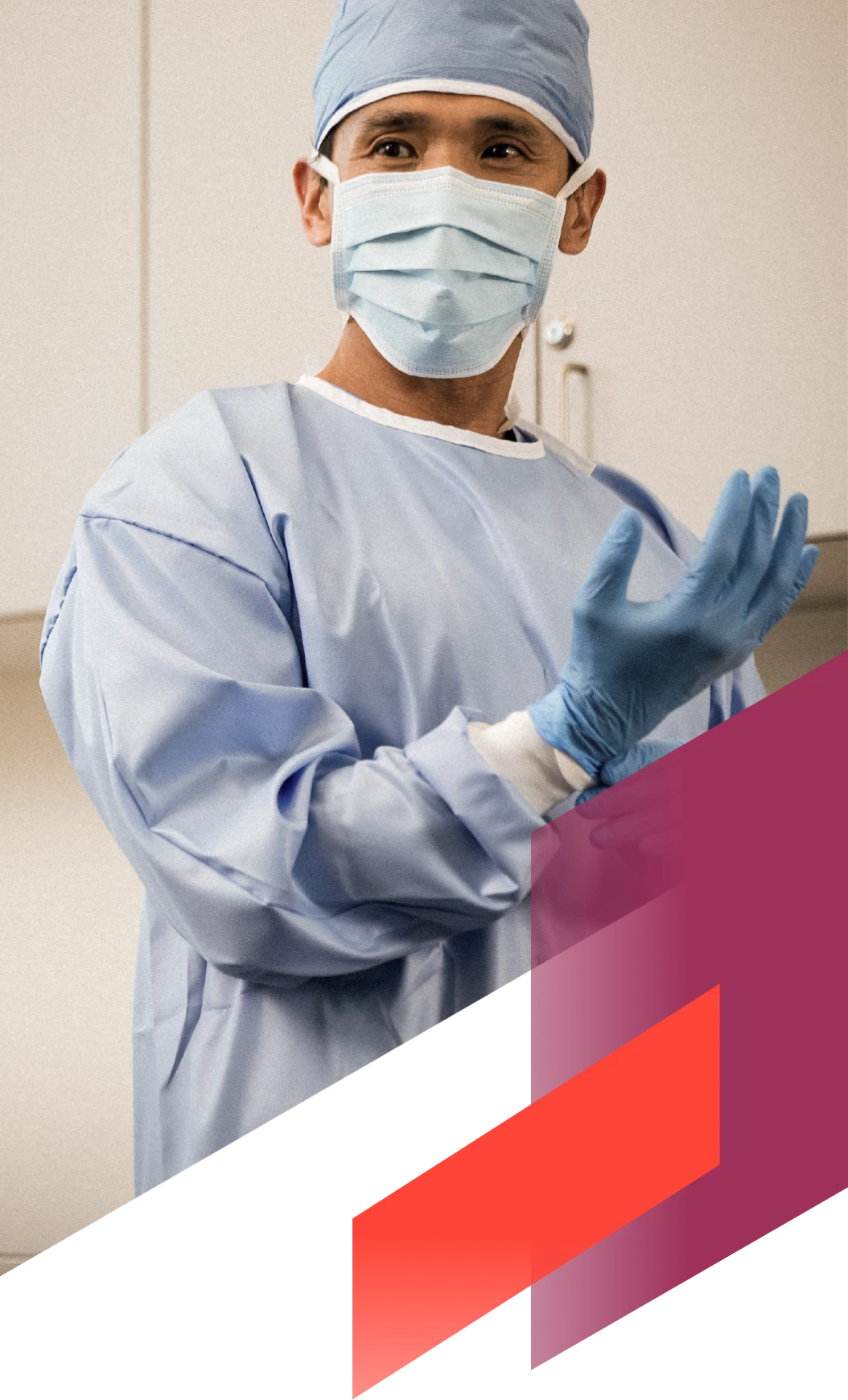 A locums surgeon in mask, scrubs, and gloves preps for work.